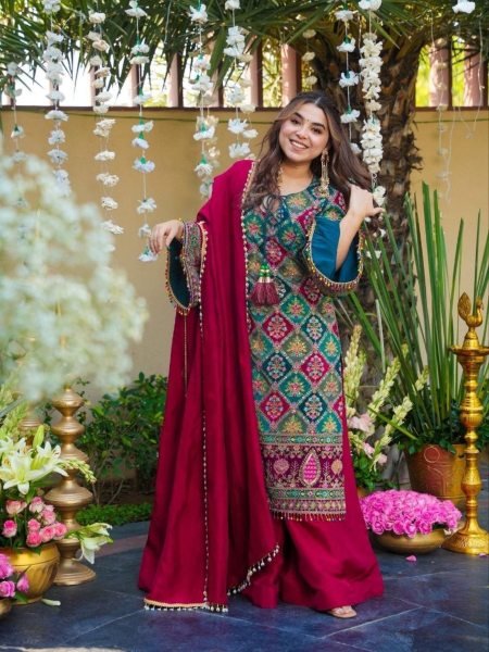 Delightful Red Chinon Silk Aari Embroidery Sharara Suit Set with Mirror Work and Pearl Bead Trim Dupatta for Women Kurtis