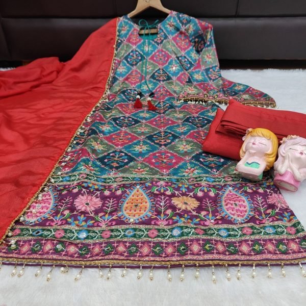 Delightful Red Chinon Silk Aari Embroidery Sharara Suit Set with Mirror Work and Pearl Bead Trim Dupatta for Women Embroidery Kurtis 
