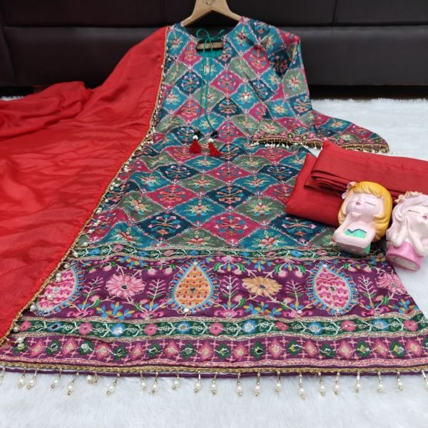Delightful Red Chinon Silk Aari Embroidery Sharara Suit Set with Mirror Work and Pearl Bead Trim Dupatta for Women Embroidery Kurtis 