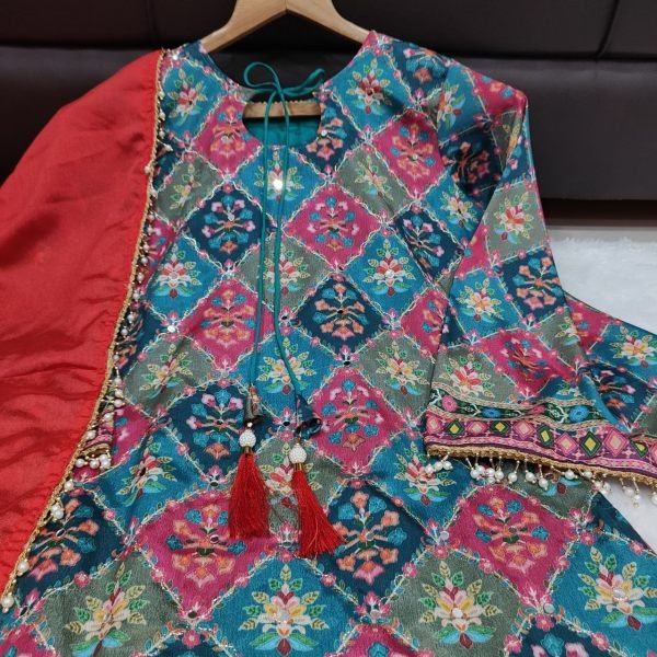 Delightful Red Chinon Silk Aari Embroidery Sharara Suit Set with Mirror Work and Pearl Bead Trim Dupatta for Women Embroidery Kurtis 