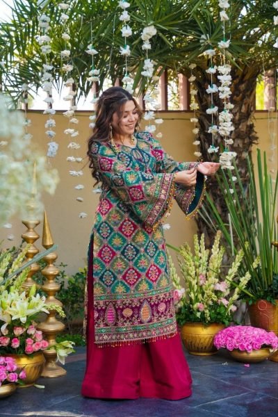 Delightful Red Chinon Silk Aari Embroidery Sharara Suit Set with Mirror Work and Pearl Bead Trim Dupatta for Women Embroidery Kurtis 
