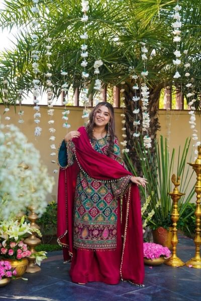 Delightful Red Chinon Silk Aari Embroidery Sharara Suit Set with Mirror Work and Pearl Bead Trim Dupatta for Women Embroidery Kurtis 