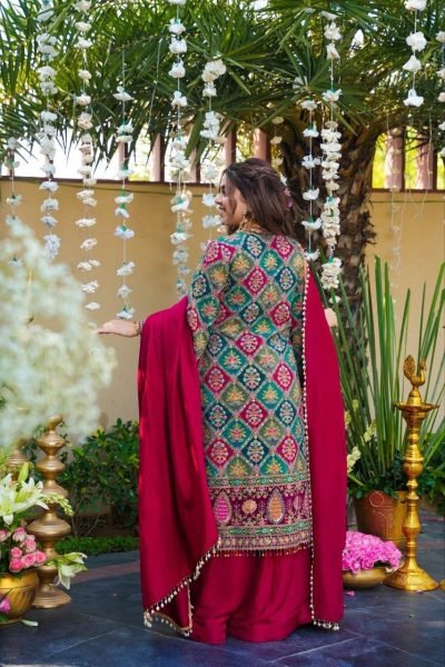Delightful Red Chinon Silk Aari Embroidery Sharara Suit Set with Mirror Work and Pearl Bead Trim Dupatta for Women Embroidery Kurtis 