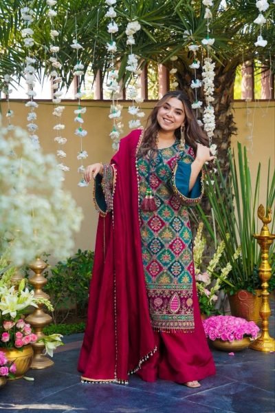 Delightful Red Chinon Silk Aari Embroidery Sharara Suit Set with Mirror Work and Pearl Bead Trim Dupatta for Women Embroidery Kurtis 