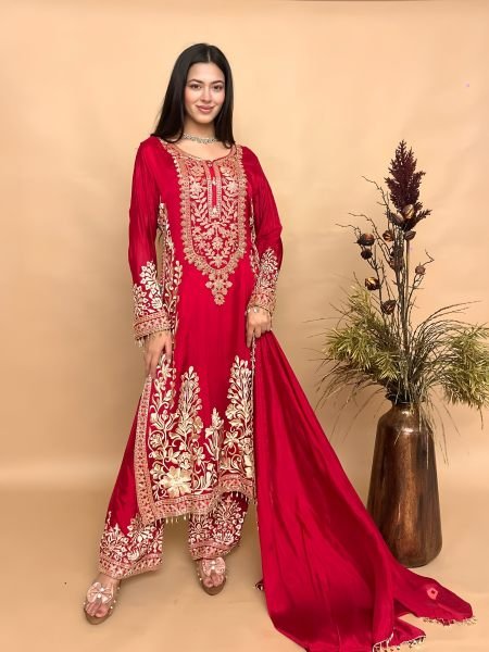 Delightful Red  Designer Crepe Silk Farshi Salwar Suit with Full Handwork Top at Manufacturer  Ready To Wear Suit