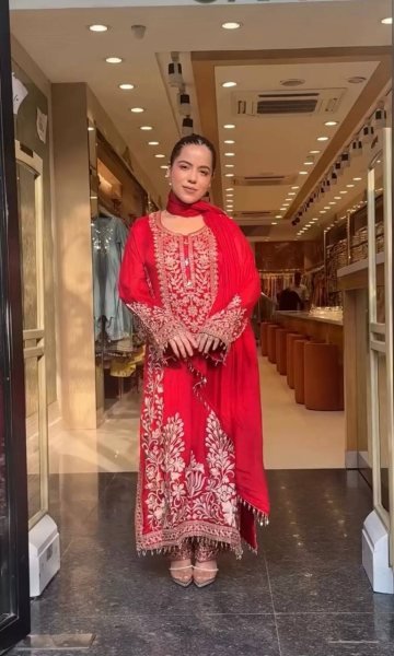 Delightful Red  Designer Crepe Silk Farshi Salwar Suit with Full Handwork Top at Manufacturer  Ready To Wear Collection