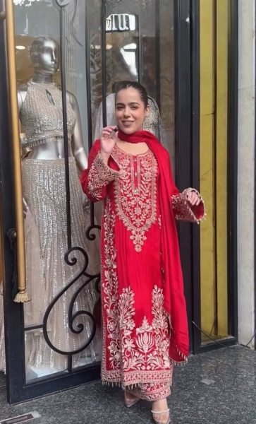 Delightful Red  Designer Crepe Silk Farshi Salwar Suit with Full Handwork Top at Manufacturer  Ready To Wear Collection