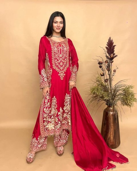 Delightful Red  Designer Crepe Silk Farshi Salwar Suit with Full Handwork Top at Manufacturer  Ready To Wear Collection