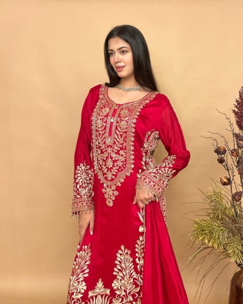 Delightful Red  Designer Crepe Silk Farshi Salwar Suit with Full Handwork Top at Manufacturer  Ready To Wear Collection