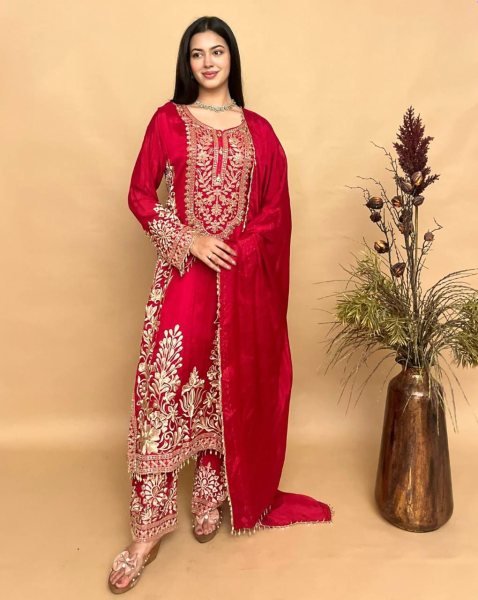 Delightful Red  Designer Crepe Silk Farshi Salwar Suit with Full Handwork Top at Manufacturer  Ready To Wear Collection