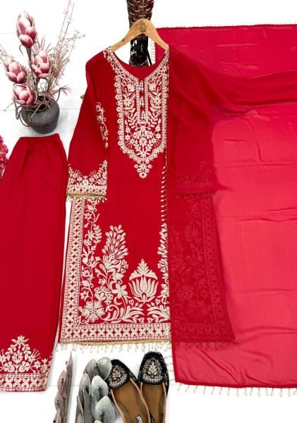 Delightful Red  Designer Crepe Silk Farshi Salwar Suit with Full Handwork Top at Manufacturer  Ready To Wear Collection