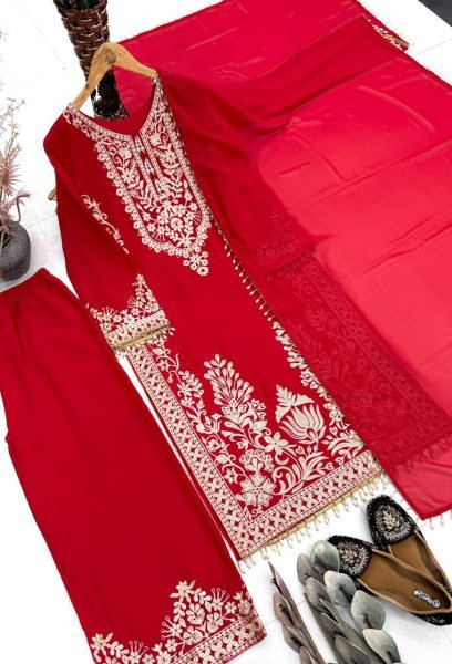 Delightful Red  Designer Crepe Silk Farshi Salwar Suit with Full Handwork Top at Manufacturer  Ready To Wear Collection