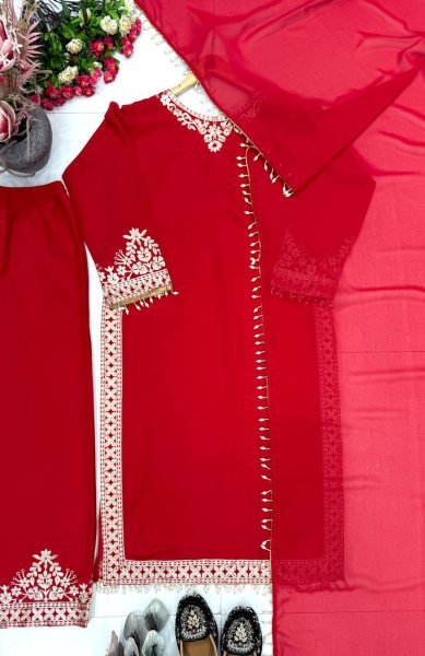 Delightful Red  Designer Crepe Silk Farshi Salwar Suit with Full Handwork Top at Manufacturer  Ready To Wear Collection