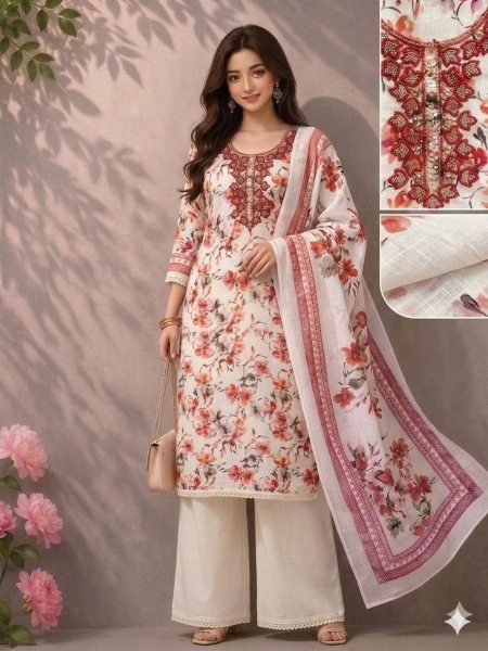 Delightful Red Designer Lilan Cotton Dress Material with Digital Print and Bead Detailing Dress Material 