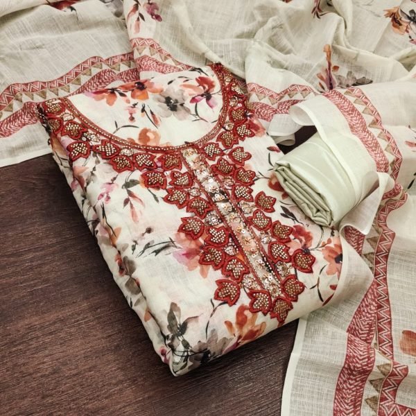 Delightful Red Designer Lilan Cotton Dress Material with Digital Print and Bead Detailing Punjabi Dress Materials Wholesale