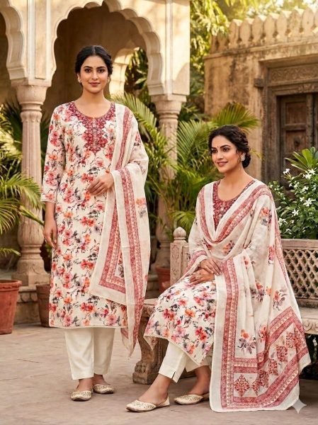 Delightful Red Designer Lilan Cotton Dress Material with Digital Print and Bead Detailing Punjabi Dress Materials Wholesale