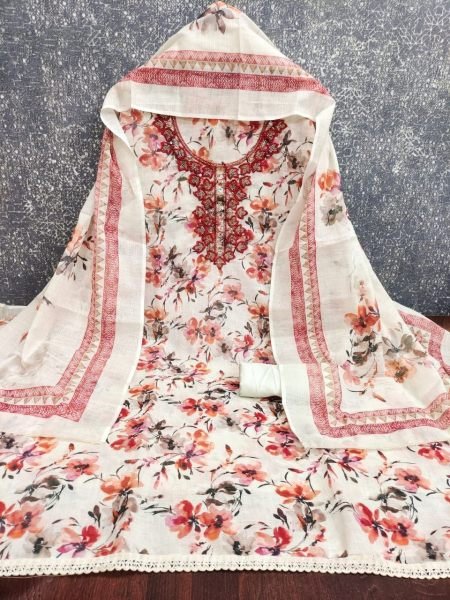 Delightful Red Designer Lilan Cotton Dress Material with Digital Print and Bead Detailing Punjabi Dress Materials Wholesale