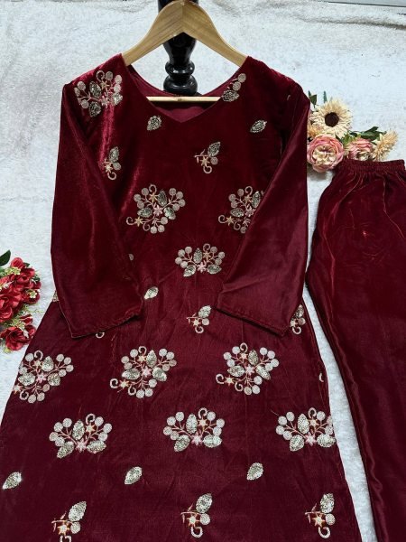 Delightful Red Viscose Velvet  Sequence Embroidered Top   Pant Set with Micro Inner At Manufacturer Rate Kurti With Bottom Wholesale