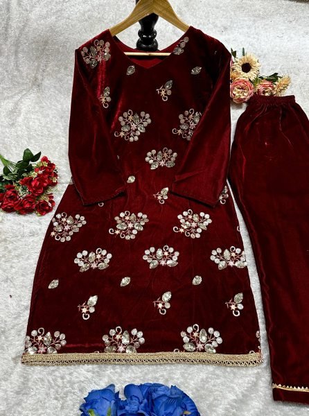 Delightful Red Viscose Velvet  Sequence Embroidered Top   Pant Set with Micro Inner At Manufacturer Rate Kurti With Bottom Wholesale