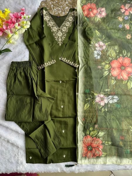 Delightful Roman Silk Embroidered Kurti Pant Set with Chanderi Digital Print Dupatta Embroidery Kurtis 