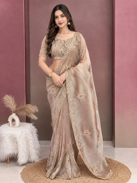 Delightful Rose Gold Jamtara Silk Saree with Matching Embroidered Blouse for Wholesale Rate Sarees 