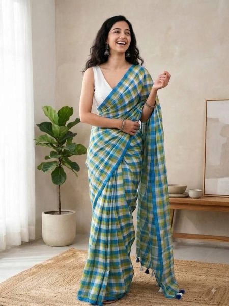 Delightful Sky Blue Check Print Linen Cotton Saree with Matching Blouse Sarees 