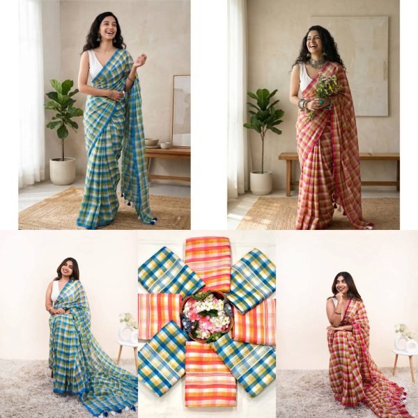 Delightful Sky Blue Check Print Linen Cotton Saree with Matching Blouse Printed Cotton Sarees Wholesale