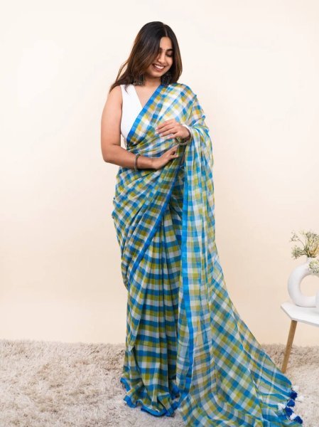 Delightful Sky Blue Check Print Linen Cotton Saree with Matching Blouse Printed Cotton Sarees Wholesale
