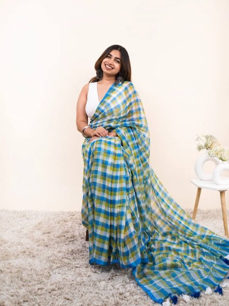 Delightful Sky Blue Check Print Linen Cotton Saree with Matching Blouse Printed Cotton Sarees Wholesale