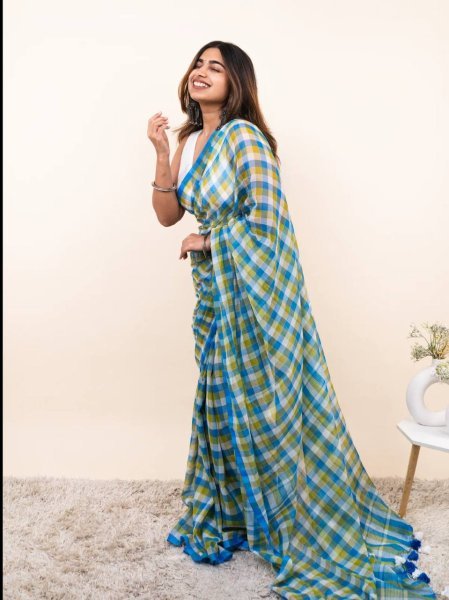 Delightful Sky Blue Check Print Linen Cotton Saree with Matching Blouse Printed Cotton Sarees Wholesale