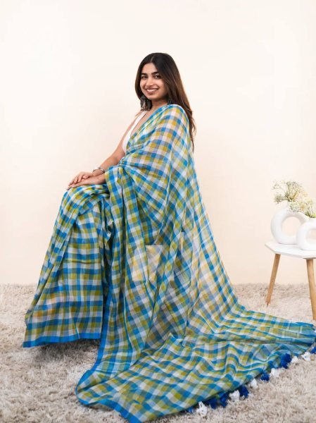 Delightful Sky Blue Check Print Linen Cotton Saree with Matching Blouse Printed Cotton Sarees Wholesale