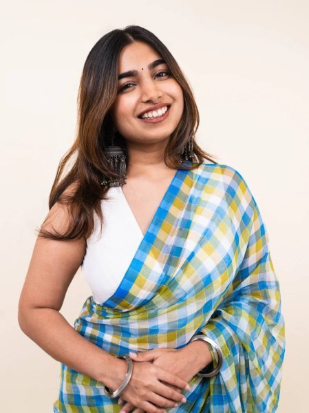 Delightful Sky Blue Check Print Linen Cotton Saree with Matching Blouse Printed Cotton Sarees Wholesale