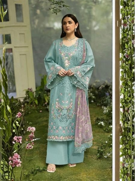 Delightful Sky Blue Pure Cambric Cotton Embroidered Top Pant Dupatta Suit Set 