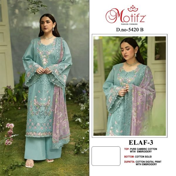 Delightful Sky Blue Pure Cambric Cotton Embroidered Top Pant Dupatta Suit Set Pakistani Suits Wholesale