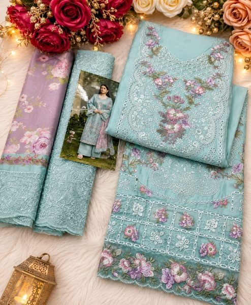 Delightful Sky Blue Pure Cambric Cotton Embroidered Top Pant Dupatta Suit Set Pakistani Suits Wholesale