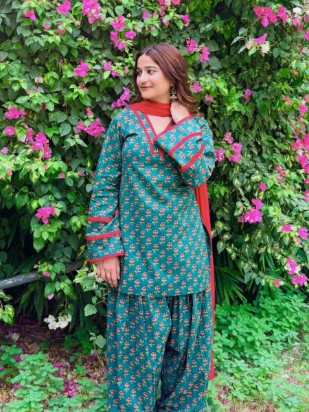 Delightful Teal Crepe Farshi Suit With Minimal Neck Border At Direct Supplier Price 