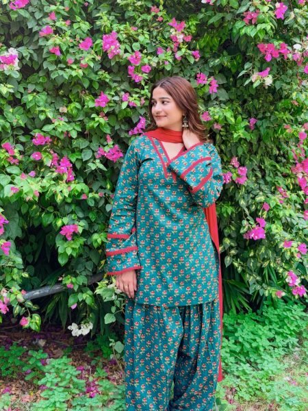 Delightful Teal Crepe Farshi Suit With Minimal Neck Border At Direct Supplier Price Ready To Wear Collection