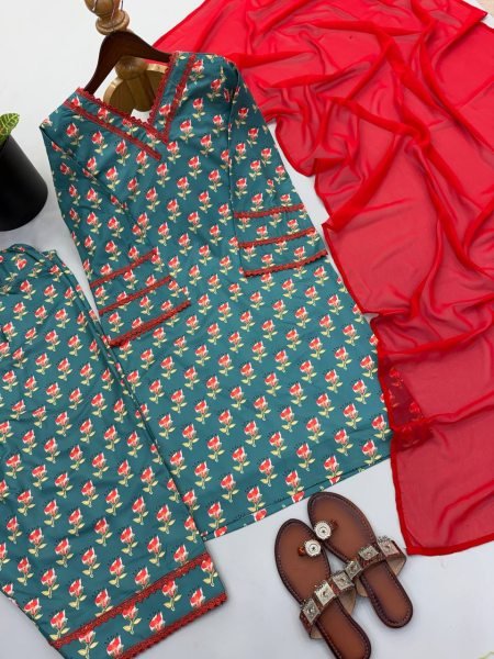 Delightful Teal Crepe Farshi Suit With Minimal Neck Border At Direct Supplier Price Ready To Wear Collection