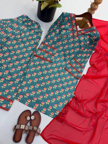 Delightful Teal Crepe Farshi Suit With Minimal Neck Border At Direct Supplier Price Ready To Wear Collection