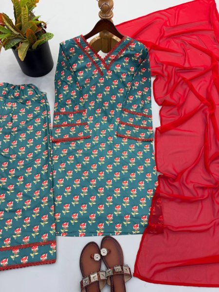 Delightful Teal Crepe Farshi Suit With Minimal Neck Border At Direct Supplier Price Ready To Wear Collection