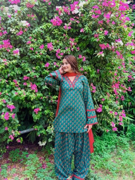 Delightful Teal Crepe Farshi Suit With Minimal Neck Border At Direct Supplier Price Ready To Wear Collection