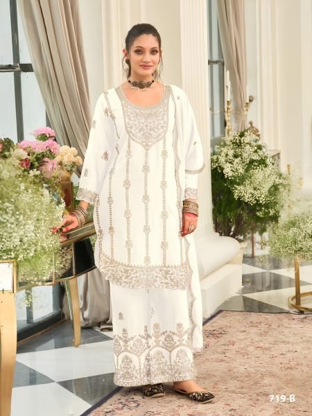 Delightful White Designer Airtex Chinon Top Palazzo Dupatta Set with Sequin Work 