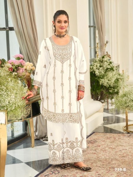Delightful White Designer Airtex Chinon Top Palazzo Dupatta Set with Sequin Work Designer Plazzo Salwar Suits Wholesale