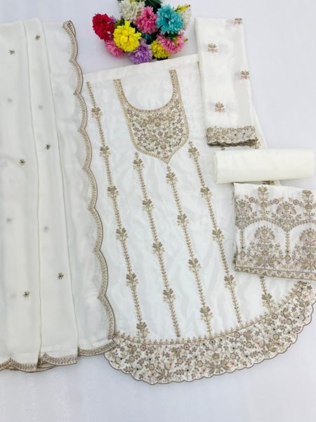 Delightful White Designer Airtex Chinon Top Palazzo Dupatta Set with Sequin Work Designer Plazzo Salwar Suits Wholesale