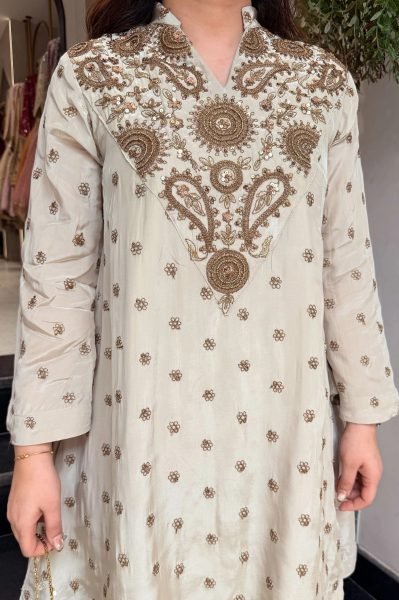 Delightful White Silk Crepe Embroidered Kurti Plazzo Set for Women Ready to Wear Ethnic Wear CO ORD Sets