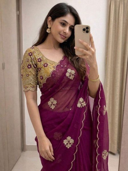 Delightful Wine Embroidered Saree with Blouse for Occasion Wear Sarees 