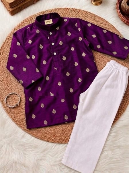 Delightful Wine Kids Boys Kurta Pant Set with Contrast Gold Zari Weaving for Party 