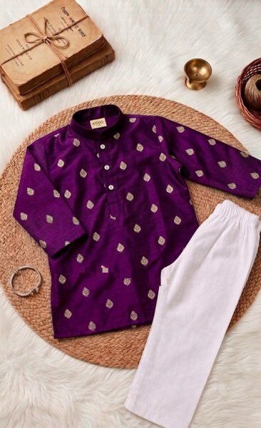 Delightful Wine Kids Boys Kurta Pant Set with Contrast Gold Zari Weaving for Party Boys Wear