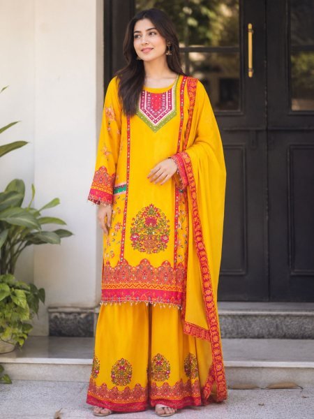 Delightful Yellow Designer Chinnon Silk Mirror Work Plazzo Set for Festival Wear Kurtis