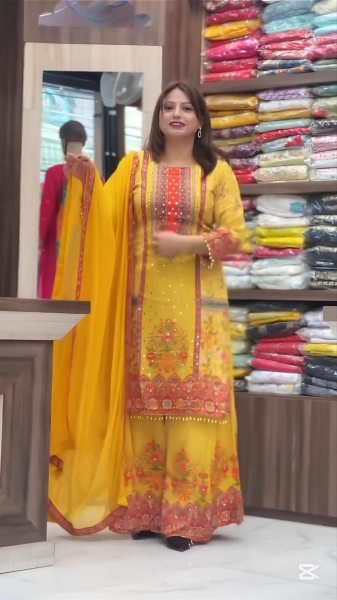 Delightful Yellow Designer Chinnon Silk Mirror Work Plazzo Set for Festival Wear Printed Kurtis